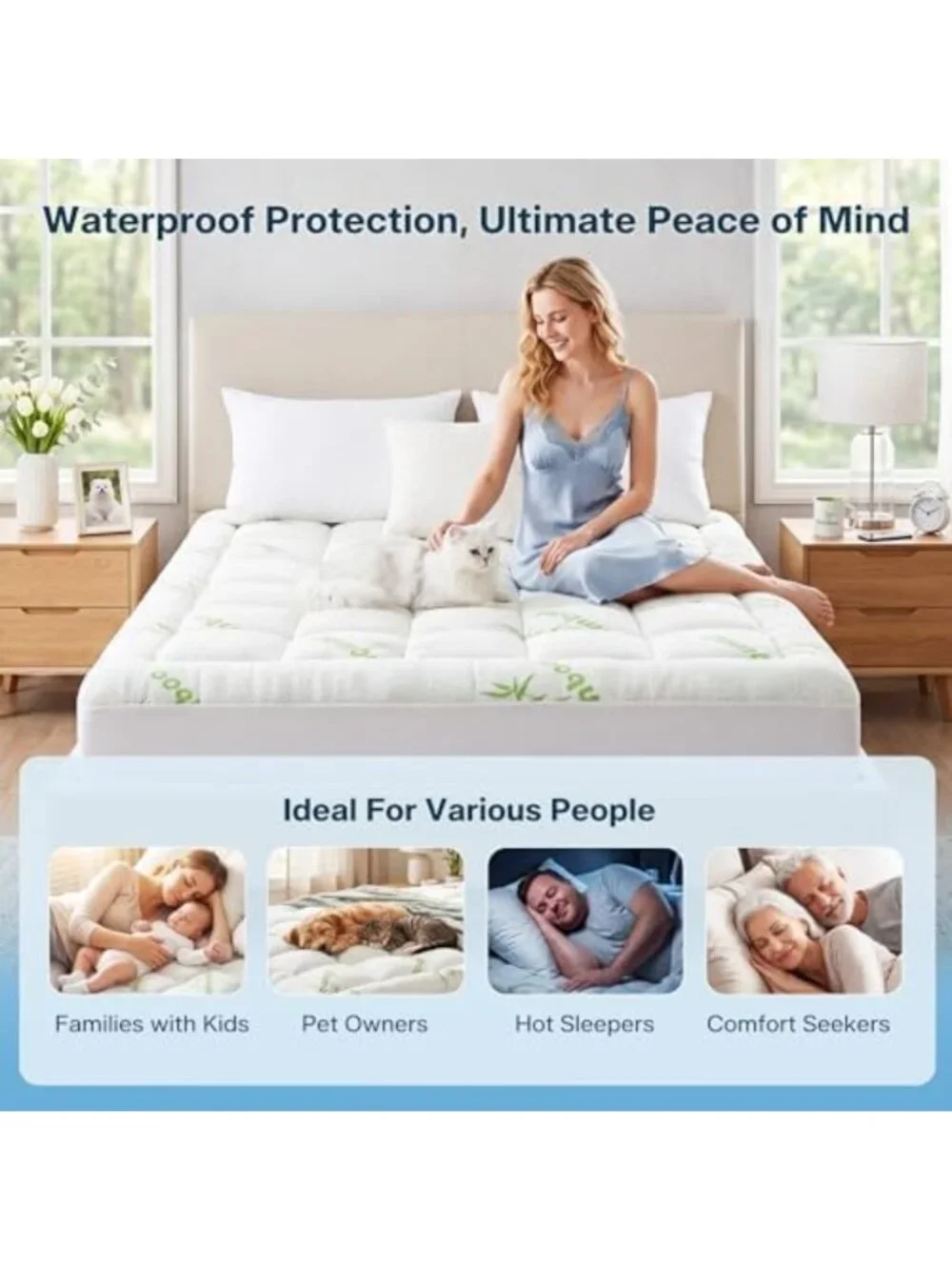 Extra Thick Waterproof Queen Mattress Topper - Cooling Bamboo Pad for Back Pain